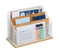 Relaxdays Organizador Documentos, Archivador Cartas 3 Compartimentos, 20 x 29 x 14 cm, Metal y Bambú, Natural y Blanco