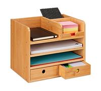 Relaxdays Organizador Escritorio 2 Cajones, 5 Compartimentos, 26,5 x 33 x 24 cm, Cajonera Sobremesa Bambú, Color Natural