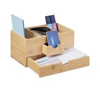 Relaxdays Organizador Escritorio 2 Cajones y 3 Compartimentos, Bambú, 12 x 24 x 14,5 cm, Portalápices Oficina, Natural