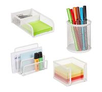 Relaxdays Organizador Escritorio 4 Piezas Rejilla Metálica, Soporte Cartas, Caja Pósits y Clips, Portalápices, Blanco, Acero, 13.5 x 17.5 x 8 cm