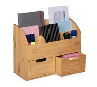 Relaxdays Organizador Escritorio, 6 Compartimentos, 2 Cajones, Material de Oficina, Madera Bambú, 26x33x13,5 cm, Natural