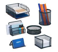Relaxdays Organizador Escritorio 7 Piezas Malla Metal, Bandeja Documentos, Caja Pósits, Soporte Cartas, Clips, Antracita