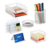 Relaxdays Organizador Escritorio 7 Piezas Rejilla Metal, Bandeja Documentos, Caja Pósits, Soporte Cartas, Clips, Blanco