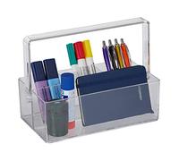 Relaxdays Organizador Escritorio con Asa, 4 Compartimentos, Plástico, Almacenamiento Cosméticos, Portátil, transparente