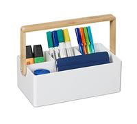 Relaxdays Organizador Escritorio con Asa de Bambú, 4 Espacios, Portátil, Caja Organización, 8,5x26x16 cm, Blanco