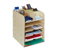Relaxdays Organizador Escritorio con Bandejas de Documentos, 12 Compartimentos, 34,5 x 25 x 32 cm, MDF, Marrón Claro