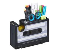 Relaxdays Organizador Escritorio Diseño de Cassette, Portalápices Retro, Cubillete Bolígrafos con Portaclips, Gris/Negro, 11 x 17 x 6 cm