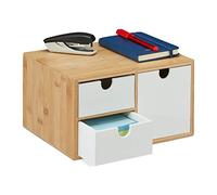 Relaxdays Organizador Escritorio, Madera Bambú y MDF, Almacenamiento Oficina, 3 Cajones, 14,5x25x20cm, Natural y Blanco