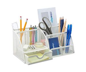 Relaxdays Organizador Escritorio Malla Metálica, Portalápices Oficina con Compartimentos y Cajón, 13 x 28 x 14cm, Blanco
