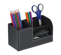 Relaxdays Organizador Escritorio Piel Sintética 3 Compartimentos, Portalápices, 11x20x9,5 cm, Oficina, Color Negro