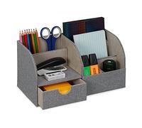 Relaxdays Organizador Escritorio Tela Tipo Lino, Cajón y 6 Compartimentos, 14,5x28x14,5 cm, Portalápices Oficina, Gris, Poliéster