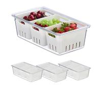 Relaxdays Organizador Nevera, Set 4, Apilable, 3 Cestas Escurridoras, Almacenaje Alimentos con Tapa, Transparente/Blanco