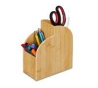 Relaxdays Organizador Portalápices para Escritorio 2 Compartimentos, Lapicero Bambú Veteado, 20x17x9 cm, Natural