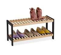 Relaxdays Organizador Zapatos, 2 Niveles, 6 Pares de Zapatos, Abierto, Zapatero 33x70x26 cm, Bambú, MDF, Natural y Negro