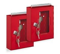 Relaxdays Pack 2 Cajas Llaves de Emergencia, Ventana de Cristal, con Martillo y Cerradura, Metal, para Urgencias, Rojo