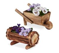 Relaxdays Pack 2 Macetas de Madera, Efecto Quemado, Tiestos para Flores, Decoración Jardín, Barril y Carretilla, Natural