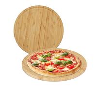 Relaxdays Pack 2 Tablas Pizza, Bambú Natural, Ø 32 cm, Platos Redondos Servir y Cortar, Tableros Madera Quesos, Natural