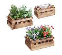 Relaxdays Pack 3 Macetas Madera, Tiestos Flores, Varios Tamaños, Revestimiento Plástico, Interior o Exterior, Natural