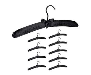 Relaxdays Pack de 10 Perchas Forradas de Raso con Lazo Decorativo, Giratorias, Madera-Tela-Metal, 38 cm de Ancho, Negro