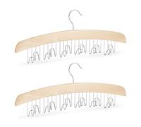 Relaxdays Pack de 2 Organizador Cinturones con 12 Ganchos, Madera de Loto y Metal, Marrón y Plateado, 17 x 43 x 5 cm