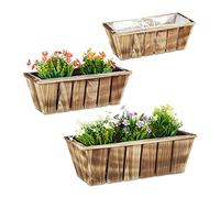 Relaxdays Pack de 3 Macetas de Madera, Jardineras, 3 Tamaños, Tiestos Flores, Interior y Exterior, con Plástico, Marrón