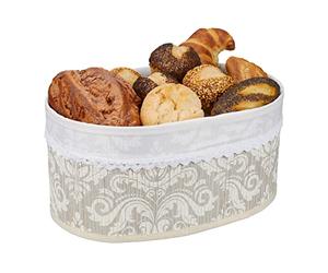 Relaxdays Panera, Bambú, con Cubierta de Tela, Estampado Floral, Pan y Panecillos, Cesta Desayuno Ovalada, Gris/Blanco