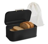 Relaxdays Panera con bolsa para pan, caja con tapa y asa, HBT: 15,5 x 30 x 21 cm, panera retro, metal, negro