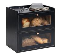 Relaxdays, panera de bambú, 2 niveles, con ventanas, negra | puertas abatibles, 34 x 36,5 x 24 cm, caja para pan