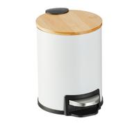 Relaxdays Papelera baño y aseo 3 L tapa de bambú blanco,marrón claro,plata
