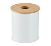 Relaxdays Papelera de Baño, 2 litros, Tapa de Bambú con Agujero, Basura Aseo Redonda, Cubo para Tocador, Blanco