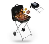 Relaxdays Parrilla portátil de carbón con tapa y ruedas, negra | Plegable para camping, balcón, jardín y parque, de pie