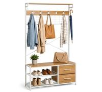 Relaxdays Perchero con Banco Zapatero, Blanco Efecto Madera | 2 cajones y ganchos, para recibidor, 176x80x30 cm