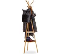 Relaxdays, perchero con estante, estructura de bambú de tres brazos con 6 ganchos, repisa para ropa, dimensiones (alto x ancho x profundidad): 171x50x50 cm, color natural