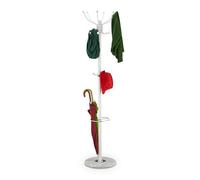 Relaxdays Perchero con Paragüero, 16 Ganchos, 176,5 x 36,5 cm, Base de Mármol, Colgador de Pie para Abrigos, Blanco