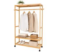 Relaxdays Perchero con ruedas bambú, barra para colgar, color natural | 3 estantes, (Al x An x Fon) 160 x 100 x 35 cm, perchero con ruedas