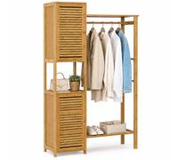Relaxdays Perchero de bambú Natural, 164 x 99 x 29 cm | 2 compartimentos con puertas de lamas, barra y ganchos