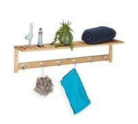 Relaxdays Perchero de Pared con Estante, 6 Ganchos, Baño y Pasillo, Estrecho, Bambú, 18 x 75 x 16 cm, Toallero, Natural
