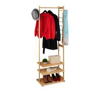 Relaxdays Perchero de Pie con Ruedas, Burro para Ropa, Bambú, con Barra, 6 Perchas y Zapatero, 177,5x81x38 cm, Natural