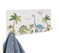 Relaxdays Perchero Infantil 4 Ganchos, diseño Dinosaurio, Verde/Blanco | montaje en pared, MDF y pino