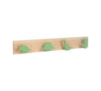 Relaxdays Perchero infantil dinosaurio, color natural/verde | barra con 4 ganchos, 7x50x4 cm, madera y MDF