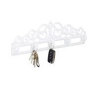 relaxdays Perchero Pared, Colgador Llaves, 5 Ganchos, Barroco, Rústico Vintage, Hierro Fundido, 13,5 x 42 x 4 cm, Blanco