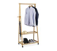 Relaxdays Perchero Ruedas, Burro Ropa con 2 Estantes para Zapatos, Colgador, 1 Ud., Bambú, 166 x 84 x 45 cm, Marrón
