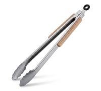 Relaxdays Pinza Barbacoa 38 cm, Tenaza Parrilla con Aro para Colgar, Cocina, Acero Inoxidable y Madera, Plateado/Natural