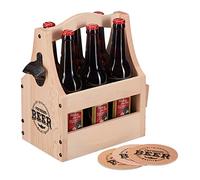 Relaxdays Portabotellas Madera, Portacervezas con Abrebotellas, Cajón Transporte 6 Botellas, con 3 Posavasos, Natural