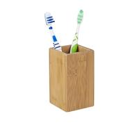 Relaxdays Portacepillos Dientes, Cuadrado, Diseño Natural, Vaso Baño, Bambú Revestimiento PU, 11 x 6,5 x 6,5 cm, Natural