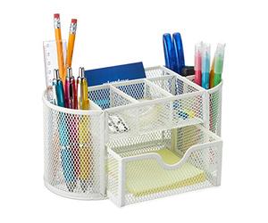 Relaxdays Portalápices con Cajón, Organizador de Escritorio para Bolígrafos, Malla Metálica, 10,5 x 22 x 11 cm, Blanco