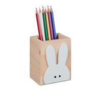 Relaxdays Portalápices Cuadrado Diseño de Conejo, Cubillete Madera Lápices, Bolis, Pinceles, 10x8x6 cm, Natural y Blanco