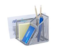 Relaxdays Portalápices de Escritorio, Organizador Lapicero con Compartimentos, Rejilla Metal, 13,5 x 15 x 13cm, Plateado