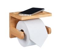 Relaxdays Portarrollos Baño con Balda para el Móvil, Soporte de Papel Higiénico de Bambú, 12,5 x 16,5 x 12,5 cm, Natural