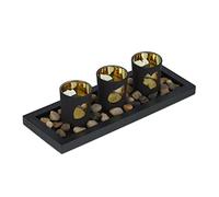 Relaxdays Portavelas Bandeja y Piedras Decorativas, 30 cm Largo, Centro Mesa Salón, Comedor, Candeleros de Vidrio, Negro